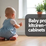 The image shows a child safely reaching into an unlocked kitchen cabinet using a safety latch.