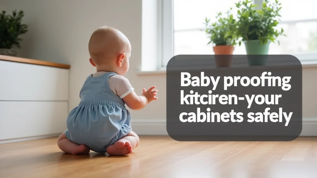 The image shows a child safely reaching into an unlocked kitchen cabinet using a safety latch.