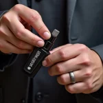 The image shows a sleek, organized collection of essential tools for a modern men's manicure set.