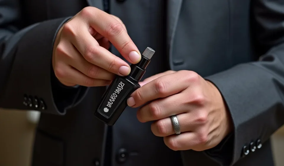 The image shows a sleek, organized collection of essential tools for a modern men's manicure set.
