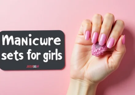 The image shows a collection of colorful fun manicure sets for girls with polish and nail art tools.