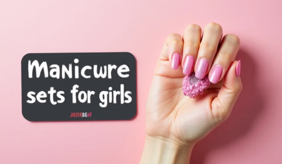 The image shows a collection of colorful fun manicure sets for girls with polish and nail art tools.