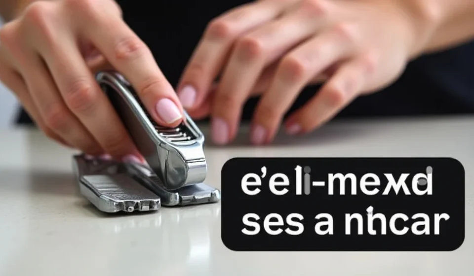 The image shows a stainless steel manicure set clippers guide featuring various grooming tools.