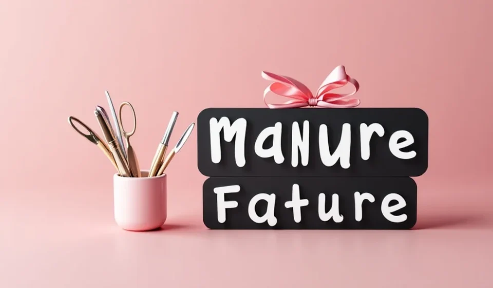 The image shows neatly arranged tools for a first manicure set beginner guide.